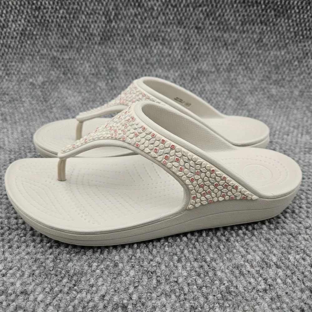 Crocs Sloane Women's 11 Oyster Sandals Flip Flops Embellished Rhinestone Wedge‎
